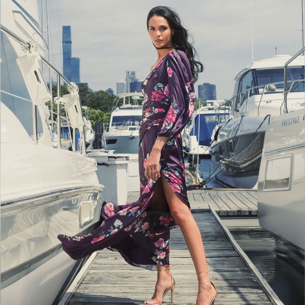 Mac Duggal Ieena Purple One Shoulder Long Sleeve Floral Pink Wedding Guest Dress - Picture 5 of 16
